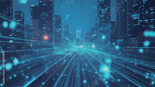 The image is a digital rendering depicting a futuristic cityscape at night.  The perspective is from a low vantage point, looking down a central avenue.  Tall skyscrapers line the avenue, appearing