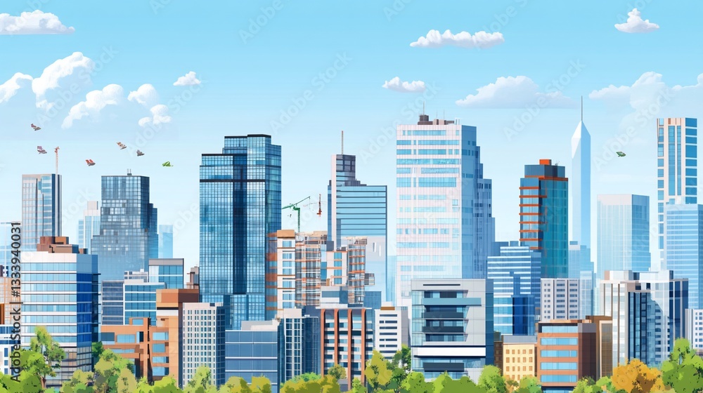 Obraz premium Vibrant urban panorama illustration of modern architectural skyline