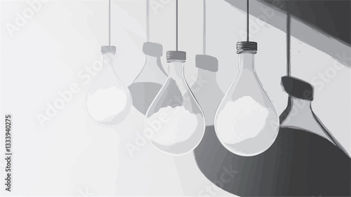 The image depicts five grayscale glass vessels suspended from the ceiling. The vessels are of a similar shape, slightly rounded at the bottom and tapering towards the neck, and each contains a