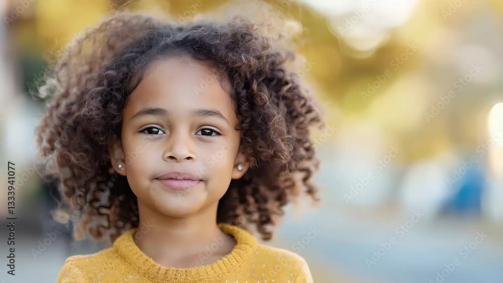Smiling girl with curly hair enjoys sunny day outdoors in the park surrounded by trees and autumn colors Smiling girl with curly hair enjoys sunny day outdoors in the park surrounded by trees and autumn colors