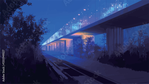 The image shows a long, modern structure at night, illuminated with vibrant blue and purple lights. The structure appears to be made of concrete and has a series of evenly spaced openings or
