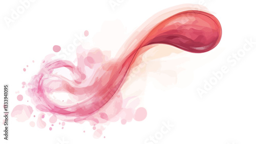 A digital illustration depicting a stylized red swirl or splash against a white background. The main form is a teardrop shape transitioning into a flowing, swirling trail.  The color is a