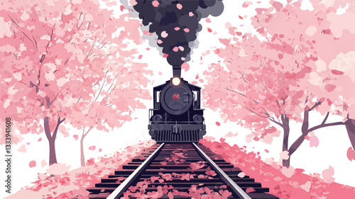 Digital illustration depicting a frontal view of a classic steam locomotive moving along a railway track.  The train is centrally positioned, emitting dark smoke.  The track extends to the horizon,