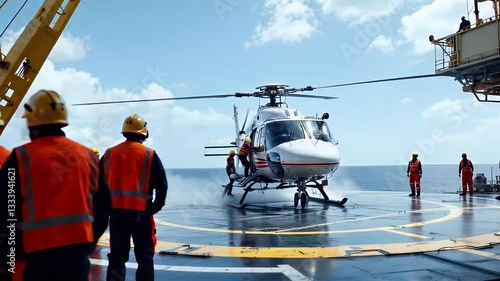 Landing Helicopter on Offshore Platform with Workers Supervising Safety