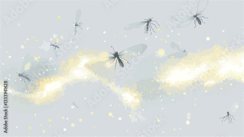 The image shows a swarm of mosquitoes in motion against a light gray background. The mosquitoes are small and dark, appearing as silhouettes against the background.  There are streaks of bright,