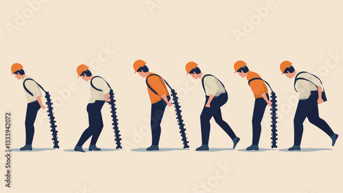A digital illustration depicting a sequence of seven figures in a flat design style. Each figure is shown carrying a long, dark blue object on their back, demonstrating different stages of carrying