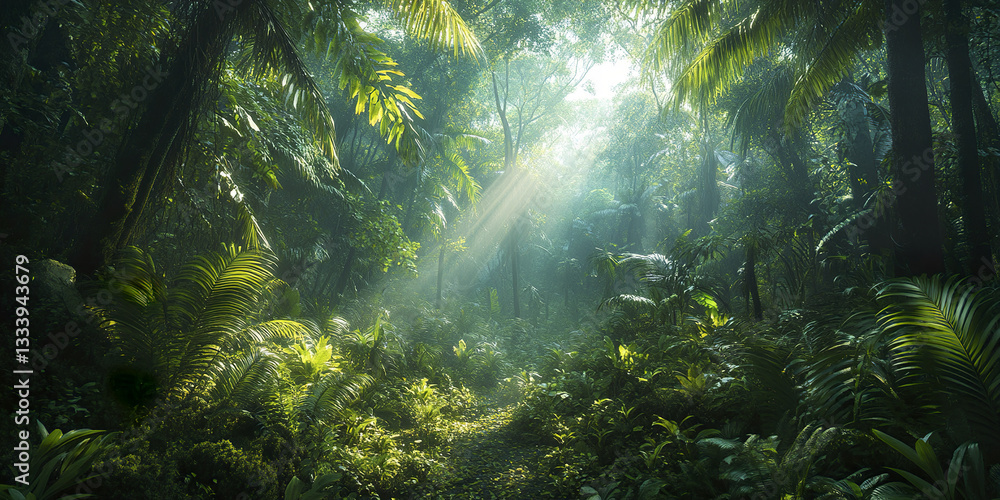 Fototapeta premium Lush Southeast Asian rainforest with sunlight filtering through dense foliage