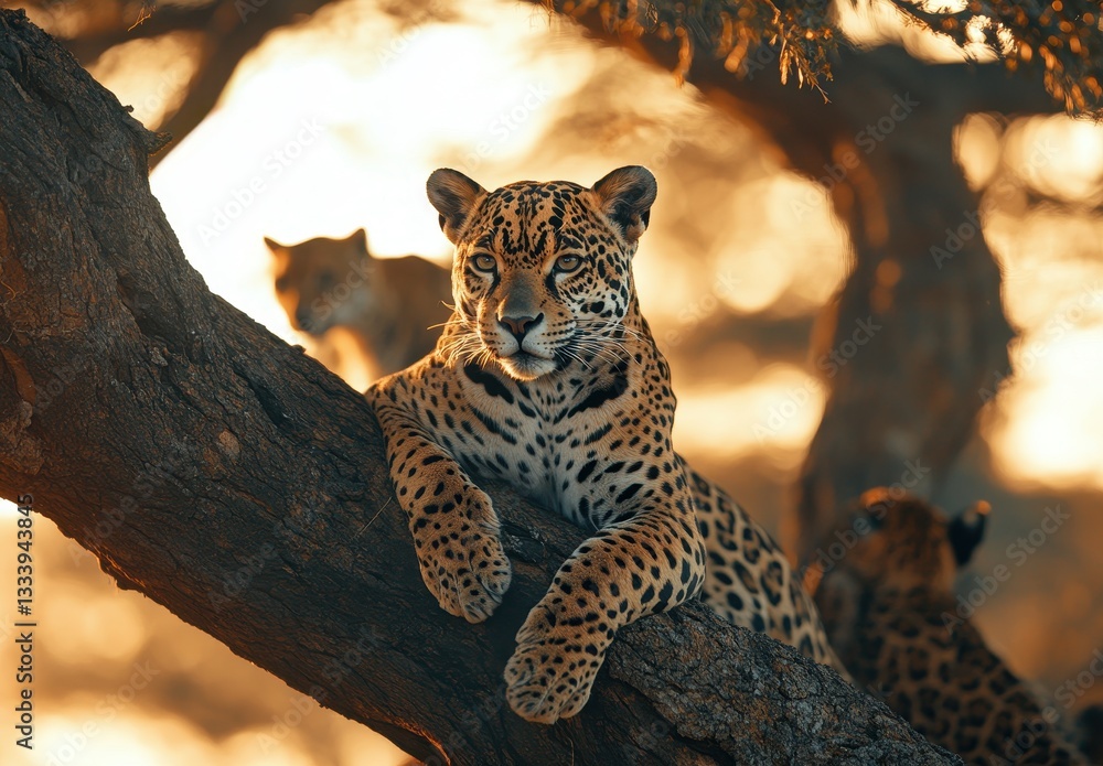 Fototapeta premium Majestic Leopard Resting on a Tree Branch in Golden Sunset with Soft Bokeh Background and Natural Habitat Elegance