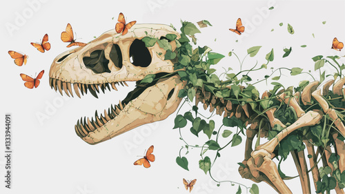 The image is a digital illustration or painting depicting a dinosaur skeleton.  The skeleton appears to be overgrown with green ivy and several orange butterflies are depicted fluttering around it.