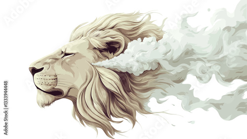 Digital illustration of a white lion's head and mane, rendered in a painterly style.  The lion's head is sharply defined, with details in the fur and facial features.  Part of the lion's mane and