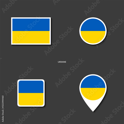 Ukraine flag icon set in different shape (rectangle, circle, square and marker icon) on dark grey background. Ukraine sticker icon collection on barely dark background