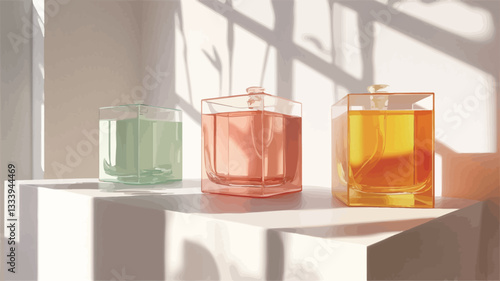 The image shows three square glass bottles containing liquids of different pastel colors: light green, light pink, and light orange. The bottles are arranged on three small, white, cube-shaped