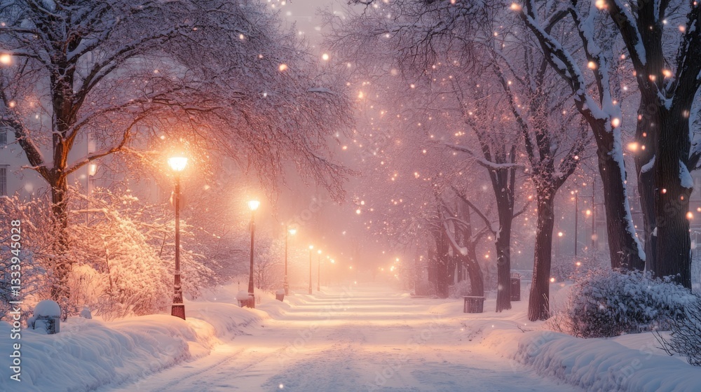 Snow covered street lamps illuminate a winter wonderland path Snow covered street lamps illuminate a winter wonderland path