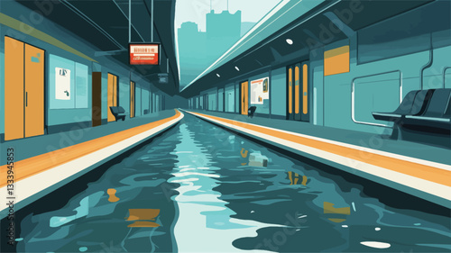 A digital illustration depicting a long, perspective view of a flooded subway platform.  The platform is lined with teal and yellow doors and benches. Water fills the center of the platform,