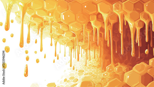 Close-up view of a stylized honeycomb structure filled with golden honey. The honey is depicted as dripping and flowing downwards, creating a glossy and shiny effect.  The background is brightly