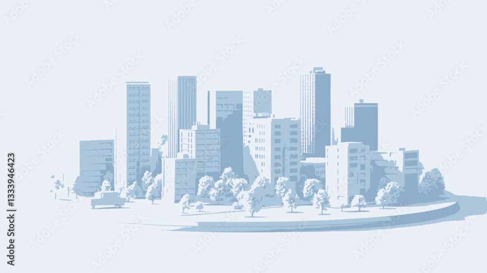 Obraz premium A digital 3D rendering depicts a minimalist cityscape. The image showcases a collection of stylized buildings of varying heights, rendered in shades of white and light gray, arranged on a circular
