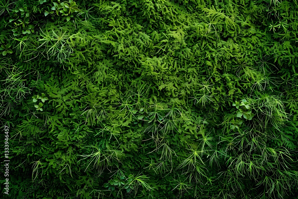 Fototapeta premium Lush Green Moss and Plant Wall: A Detailed Look at Diverse Foliage Textures and Species in a Vibrant Vertical Garden Display, Showcasing the Beauty of Nature's Green Hues.