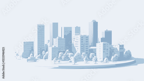 A digital 3D rendering depicts a minimalist cityscape. The image showcases a collection of stylized buildings of varying heights, rendered in shades of white and light gray, arranged on a circular