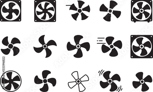 Set of fan propeller icon, vector. Silhouette of Computer cooling device. Electrical temperature equipment. Cooling fan elements. Vector illustration.