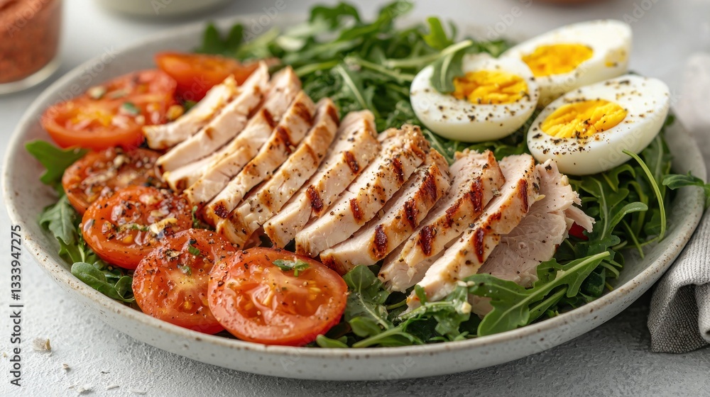 A high-protein salad featuring boiled eggs, grilled turkey slices, and arugula A high-protein salad featuring boiled eggs, grilled turkey slices, and arugula