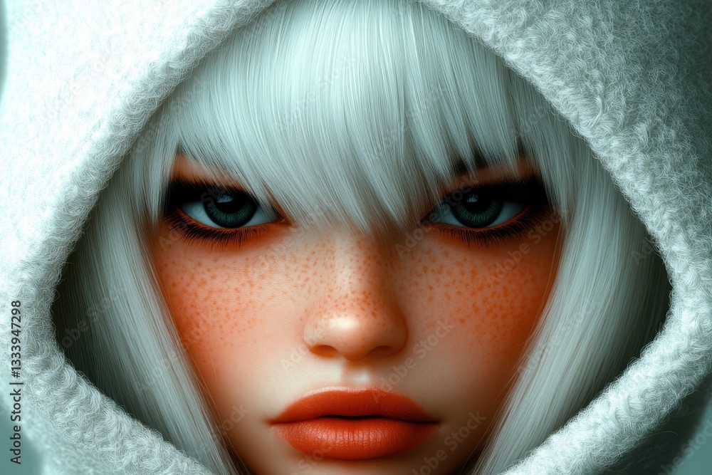 Obraz premium Captivating gaze of a serene figure wrapped in a soft, white hood against a dreamy background