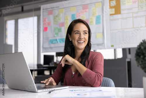 Cheerful Hispanic business project manager woman sitting at large workplace table in office space, using laptop computer, looking away, thinking on effective management, online marketing strategy
