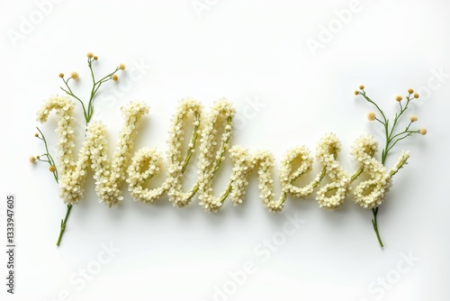 Wellness written in elegant floral typography with delicate white flowers and greenery on a clean white background, symbolizing health, self-care, and natural beauty