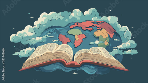 A stylized illustration depicting an open book with a world map forming its pages. The book is situated on a dark teal background, partially submerged in stylized clouds. The world map is rendered