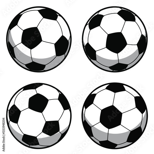 Set Sports Ball Collection Featuring Classic Soccer Ball Styles with Black and White Football Design in Different Angles and Details
