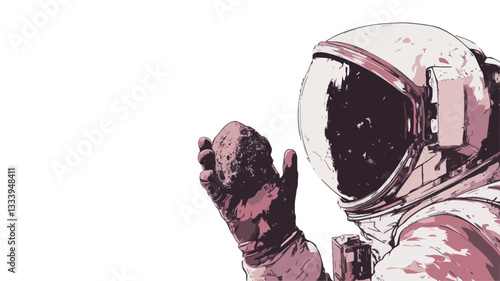 A stylized illustration of an astronaut in a pink and white space suit, holding a small, dark-colored object in their gloved hand. The style is reminiscent of vintage screen printing or halftone