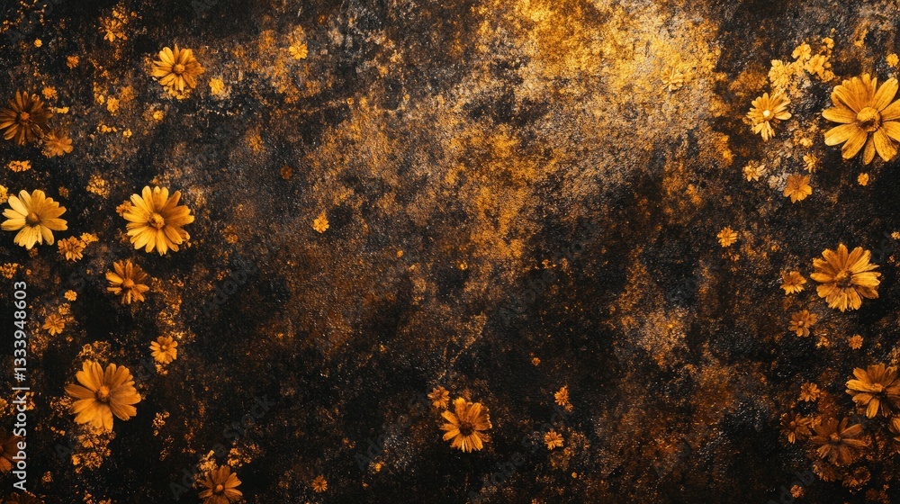 Dark and Golden Floral Background Texture with Scattered Flowers Dark and Golden Floral Background Texture with Scattered Flowers