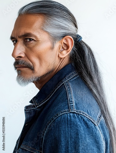 Portrait of Native American Elder with Traditional Gray Hair Braid