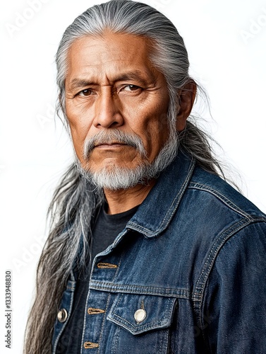 Portrait of Native American Man with Long Gray Hair in Traditional Attire