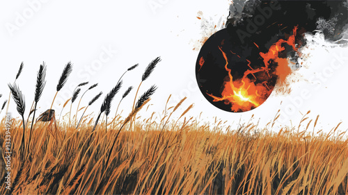 The image is a digital illustration depicting a large, dark sphere engulfed in flames and smoke descending over a field of wheat. The sphere is heavily textured, showing cracks and glowing embers