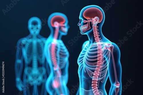 Futuristic 3D medical illustration of human skeletal and nervous system highlighting brain and spine, depicting neurology, radiology, and advanced healthcare technology