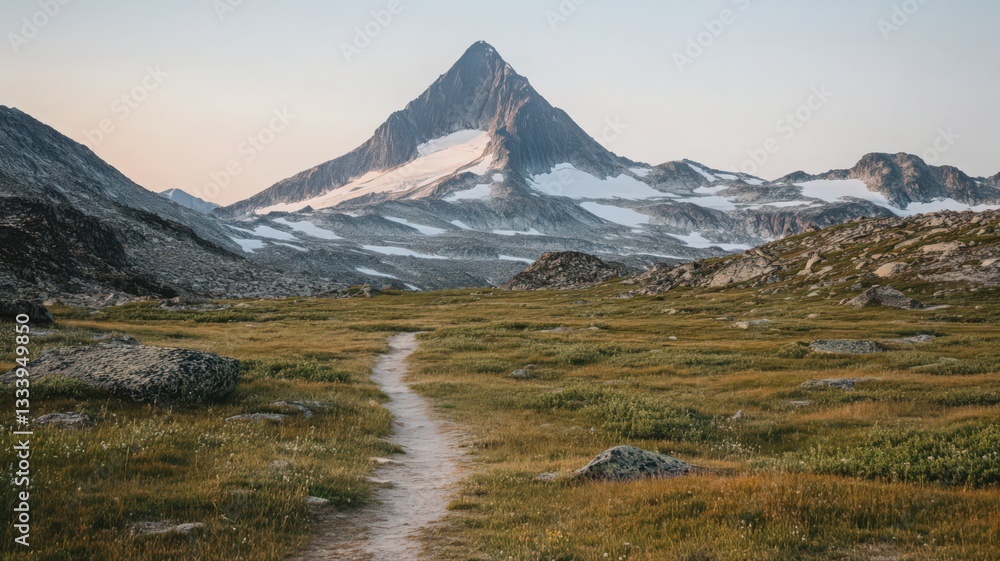 Fototapeta premium Winding Trail to Snow Capped Mountain Peak in Alpine Meadow