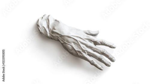 High-angle, close-up view of a small, monochromatic silver sculpture of a human hand. The sculpture is highly detailed, showing the veins and musculature of the hand and wrist. The hand is