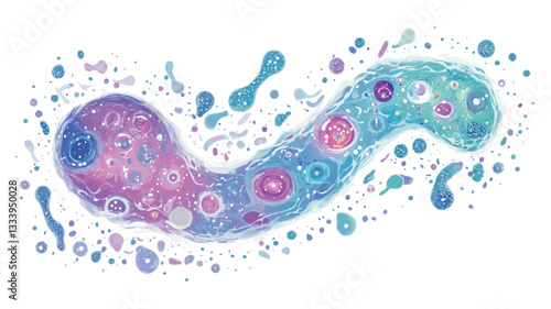The image is a digital illustration resembling a watercolor painting.  It depicts a flowing, S-shaped form with a gradient of pastel pink, purple, and blue colors.  The main form is adorned with