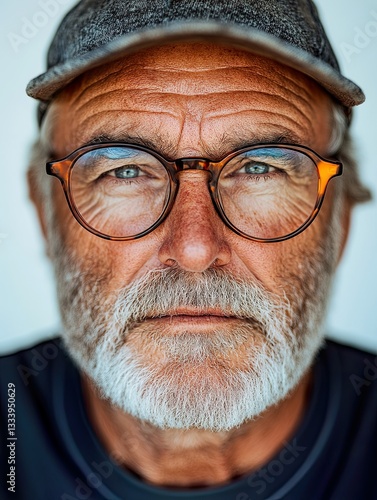 Portrait of a Man with Weathered Face Glasses and Baseball Cap