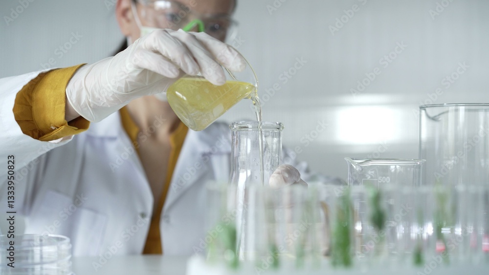 Woman scientist wearing a lab coat, white gloves, and a mask is pouring a yellow oily liquid from a beaker into an Erlenmeyer flask in a laboratory setting, close up. Science and medicine