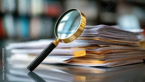 Wallpaper Mural Magnifying Glass Reveals Crucial Details in Stack of Documents,  Efficiently Investigating Records for Important Information. Torontodigital.ca