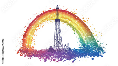 Digital illustration depicting an oil derrick centrally positioned against a vibrant, watercolor-style rainbow arc. The rainbow is rendered with a splattered paint effect, extending from the base