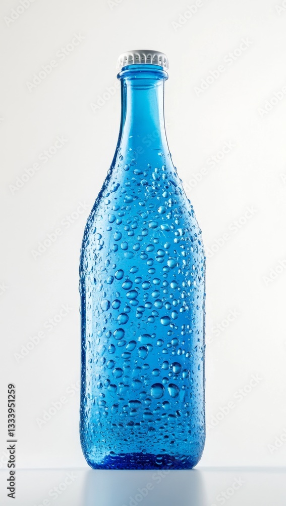 Blue glass water bottle with condensation, studio shot Blue glass water bottle with condensation, studio shot