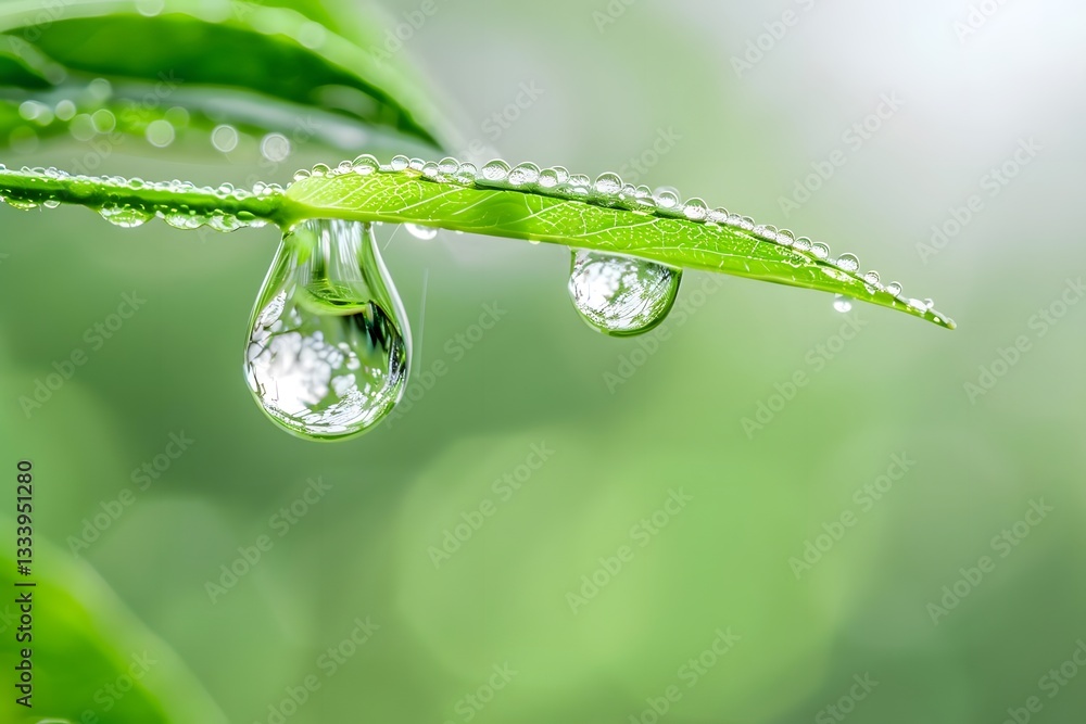 Fototapeta premium Water Droplets Adorn Green Leaf, Reflecting Nature's Beauty in a Serene, Tranquil Scene: A Close-Up Look at Dew-Kissed Foliage, Showcasing the Wonders of Plant Life and the Purity of Water.