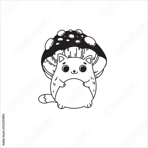cat in the hat mushroom black and white drawing