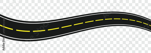 Winding road. Traveling along a curved highway. Asphalt pathway on transparent background. Road direction, route way. vector illustration
