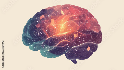 The image is a stylized illustration of a human brain. The brain is depicted in a vibrant color palette of purples, blues, and reds, with a central area glowing with intense light and suggesting a