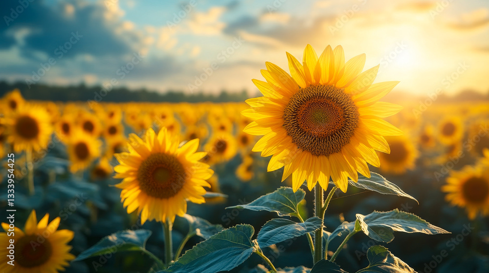 Fototapeta premium Sunflowers bloom at sunset in the field. Sunflowers stretch toward the sky as the sun sets, casting a golden glow over the vibrant field.