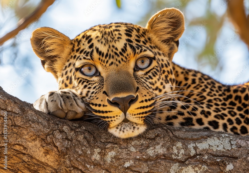 Fototapeta premium Majestic Leopard Resting on Tree Branch in African Wilderness Showcasing Beautiful Spots and Intense Gaze Under Natural Light in Stunning Wildlife Moment