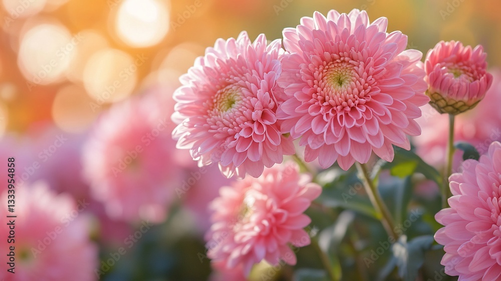 Fototapeta premium Delicate pink chrysanthemums blooming in a tranquil garden setting